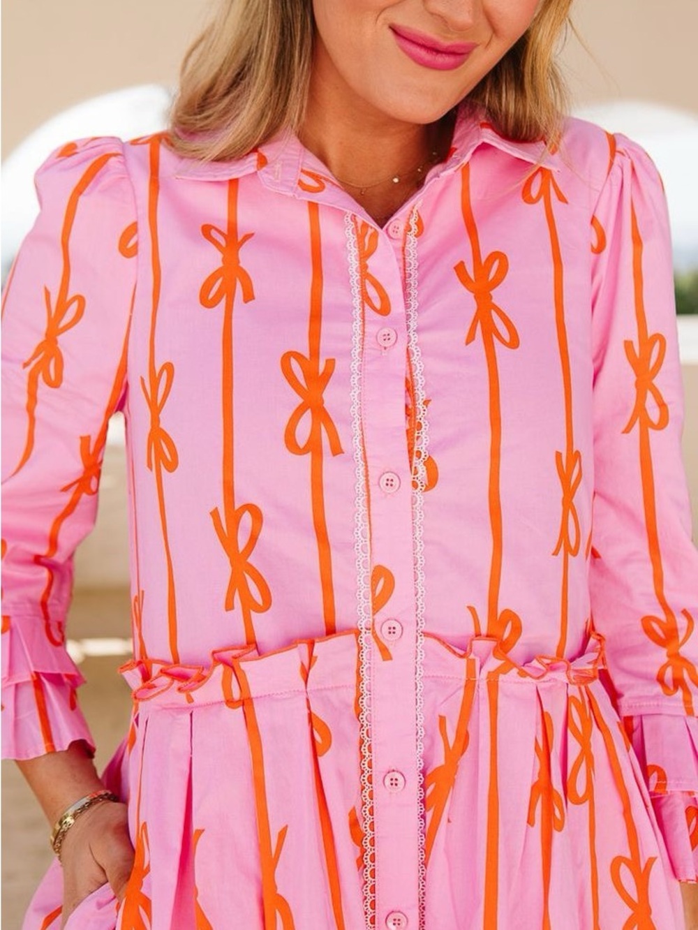 Ivy City Co Bowie Pink Orange Bow Print Cotton Tiered Mini Dress Size Small - Picture 3 of 10